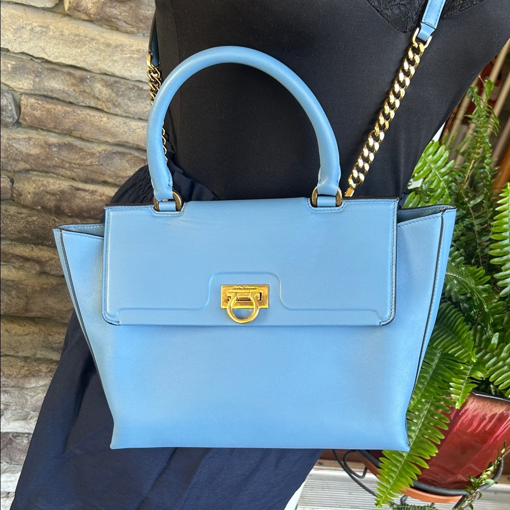 Salvatore Ferragamo Light Blue tri folio 2 way Satchel with Gold Hardware